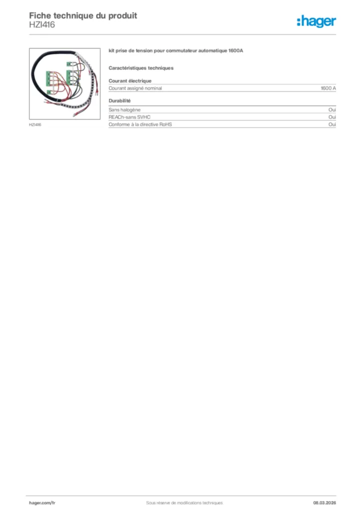 Image Hager Fiche technique du produit HZI416 | Hager France