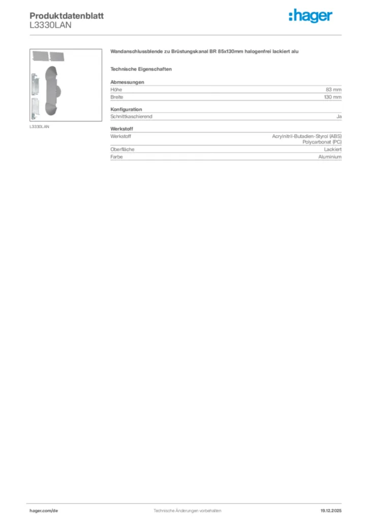 Bild Hager Produktdatenblatt L3330LAN | Hager Deutschland