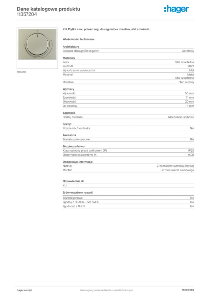 Zdjęcie Hager Karta katalogowa 11357204 | Hager Polska