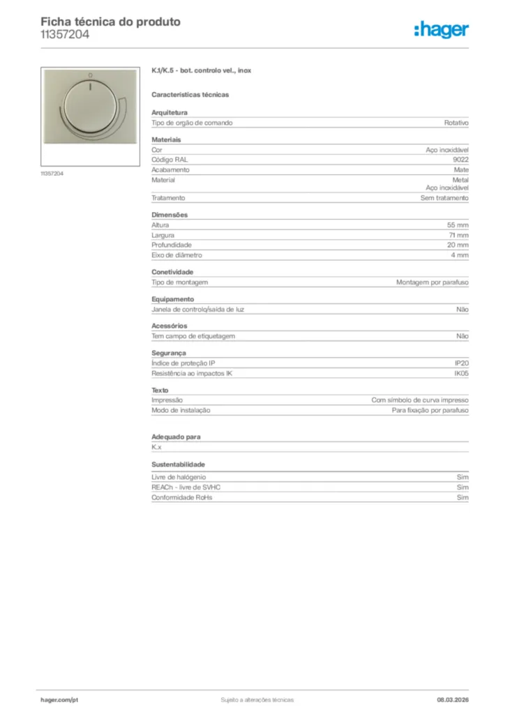 Imagem Hager Ficha técnica do produto 11357204 | Hager Portugal