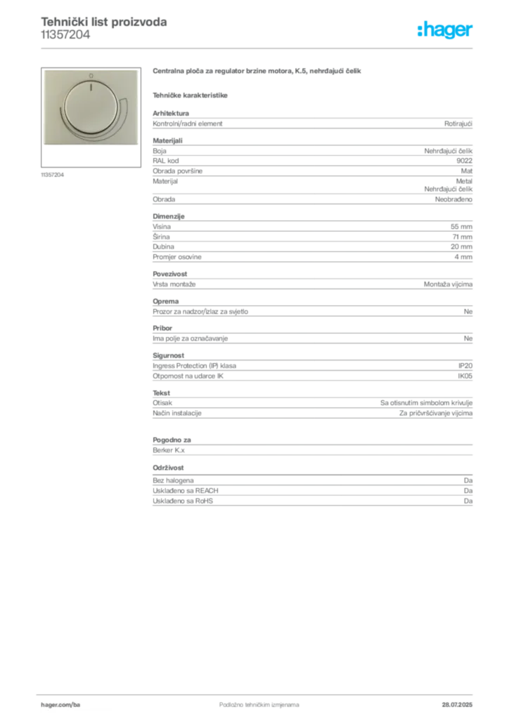 Slika Hager Product data sheet 11357204  | Hager