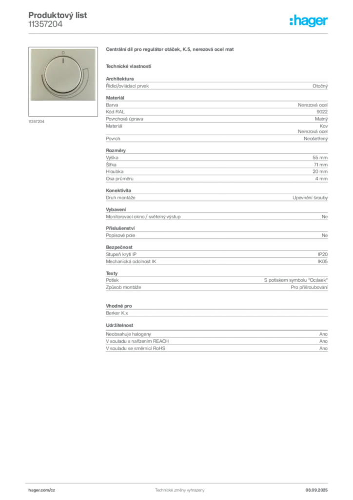Obrázek Hager Produktový list 11357204 | Hager