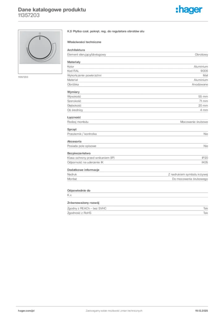 Zdjęcie Hager Karta katalogowa 11357203 | Hager Polska