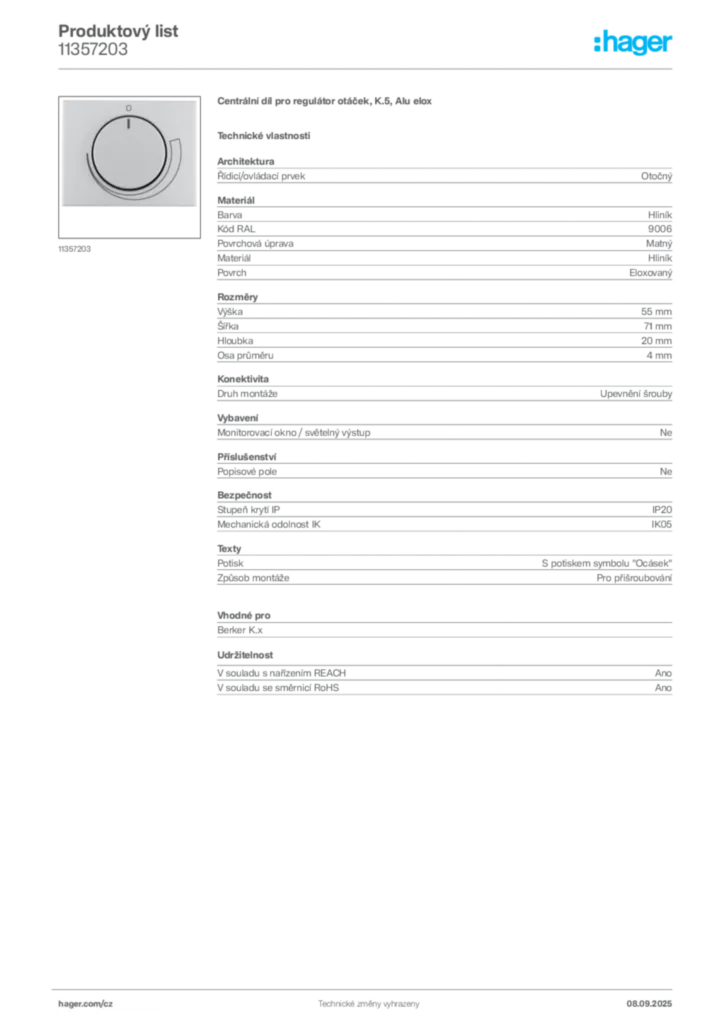 Obrázek Hager Produktový list 11357203 | Hager