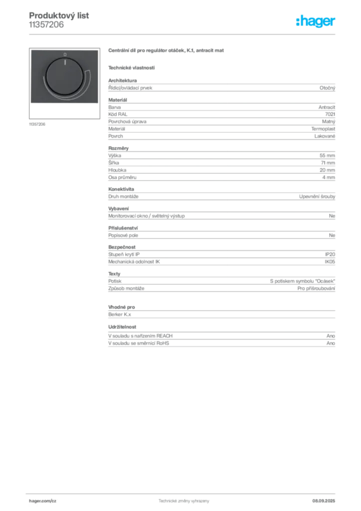 Obrázek Hager Produktový list 11357206 | Hager