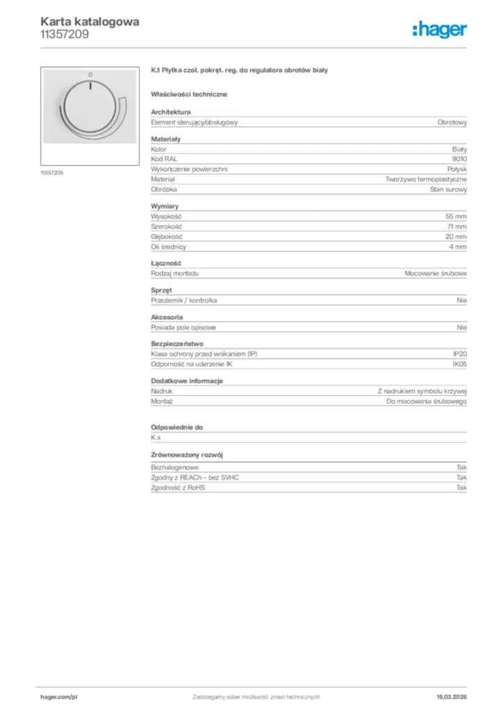 Zdjęcie Hager Karta katalogowa 11357209 | Hager Polska