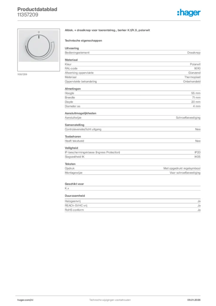 Afbeelding Hager Productdatablad 11357209 | Hager Nederland