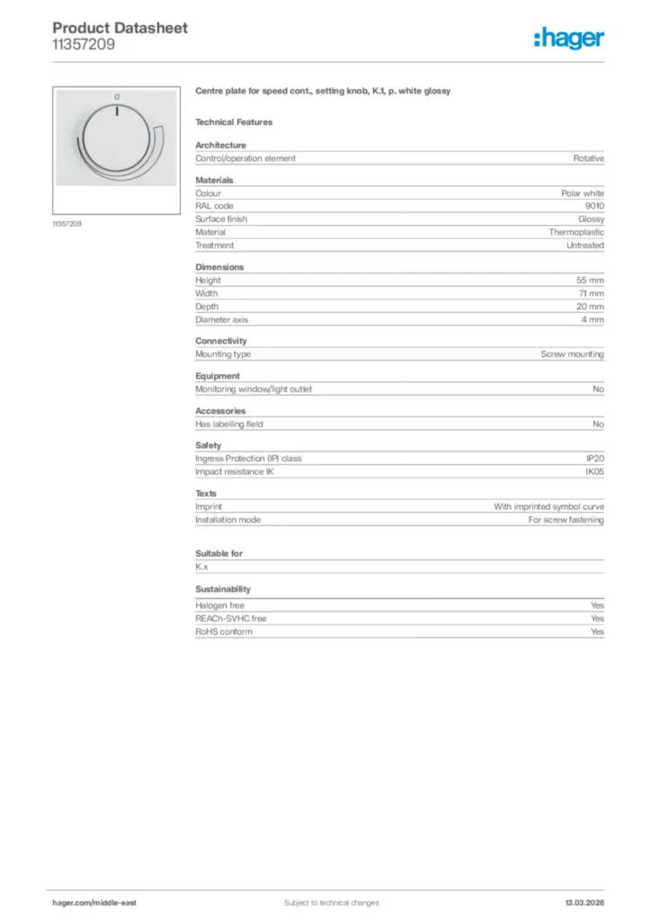 Image Hager Product data sheet 11357209  | Hager