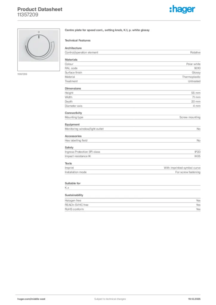Image Hager Product data sheet 11357209  | Hager