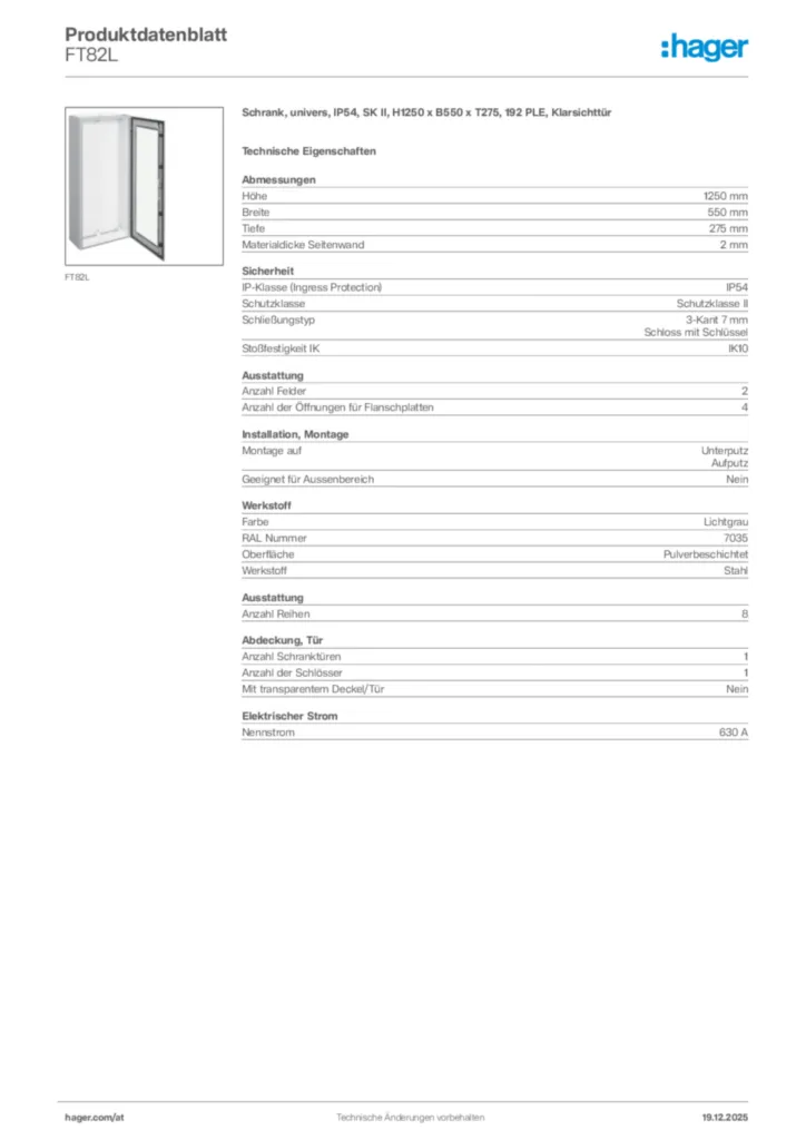 Bild Hager Produktdatenblatt FT82L | Hager Deutschland