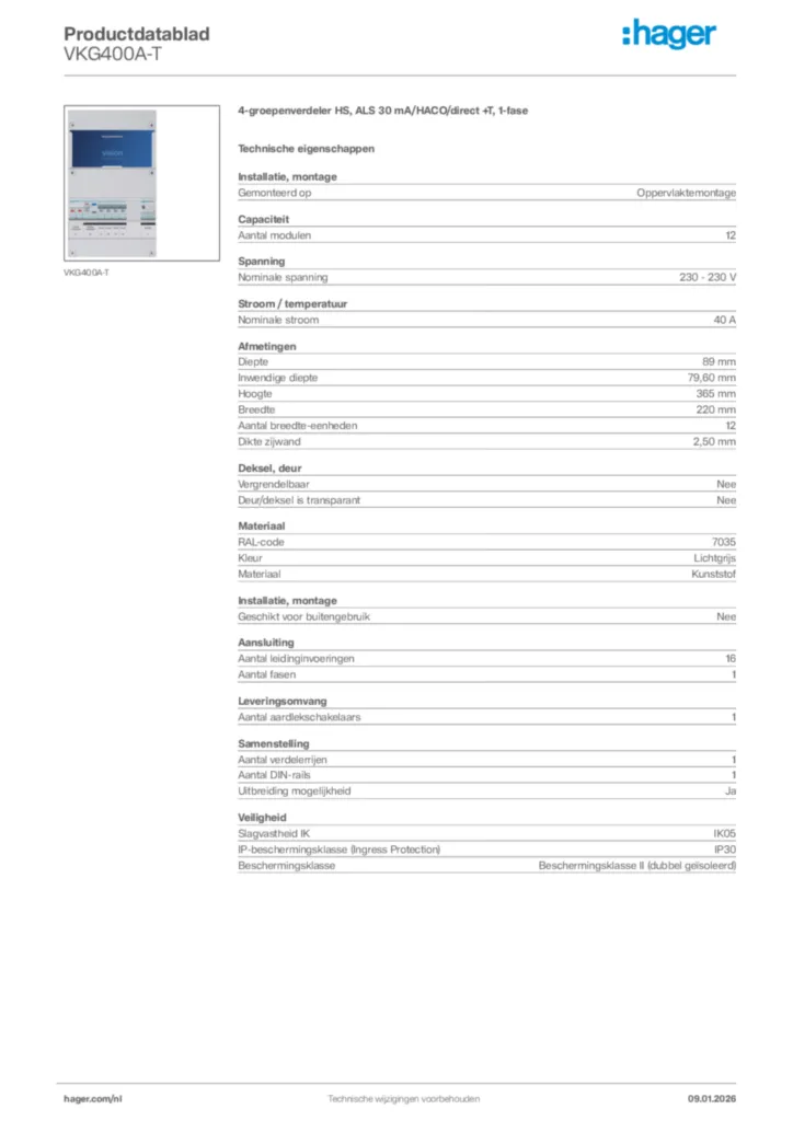 Afbeelding Hager Productdatablad VKG400A-T | Hager Nederland