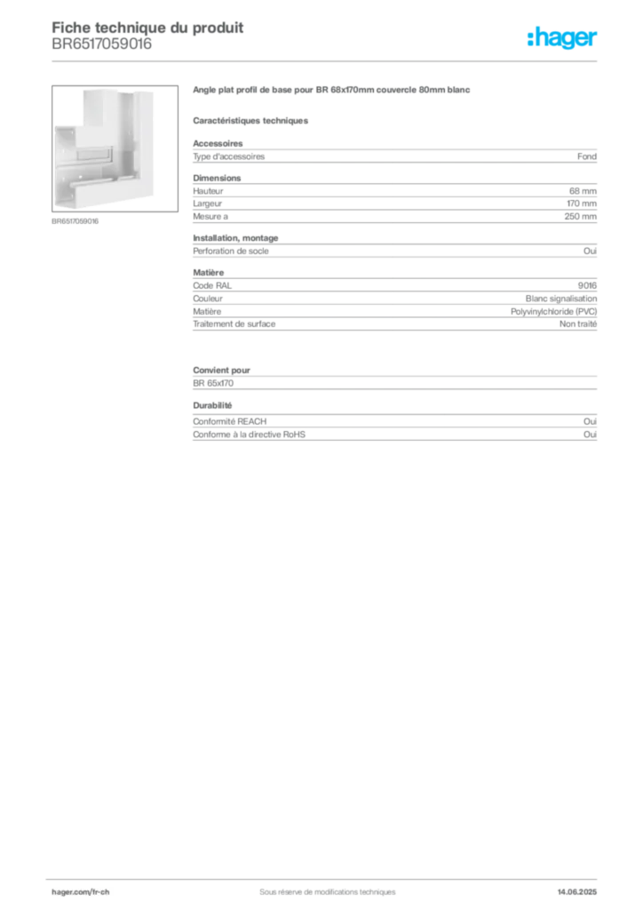 Image Hager Fiche technique du produit BR6517059016 | Hager Suisse