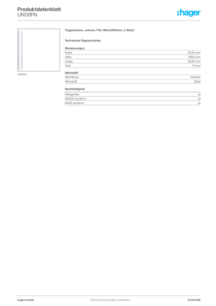 Bild Hager Produktdatenblatt UN08FN | Hager Deutschland