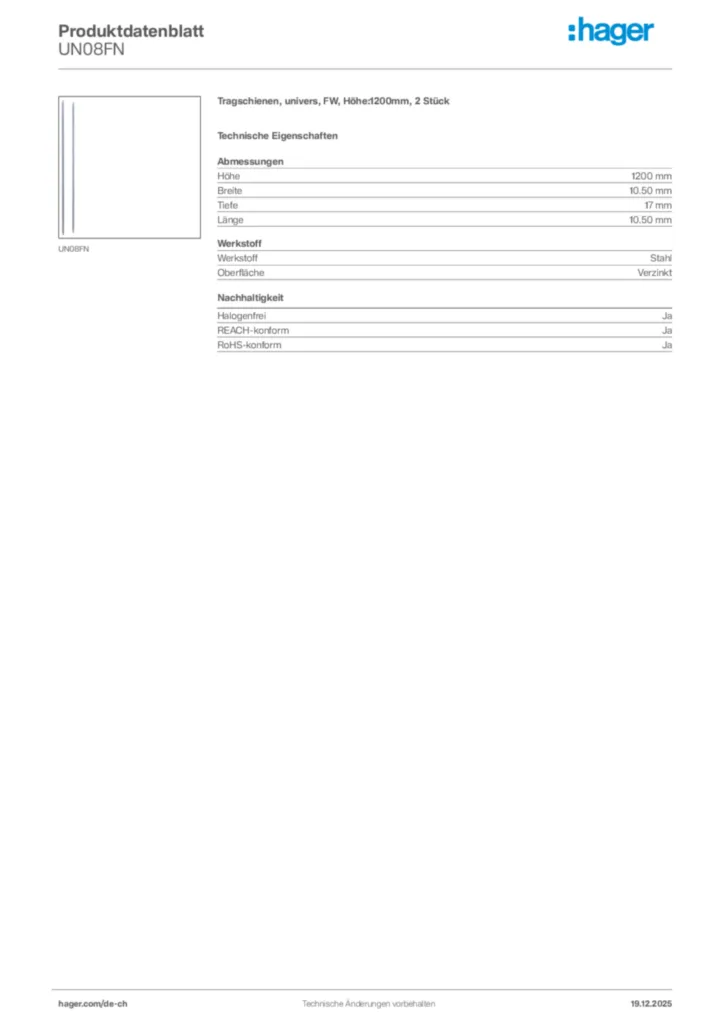 Bild Hager Produktdatenblatt UN08FN | Hager Schweiz