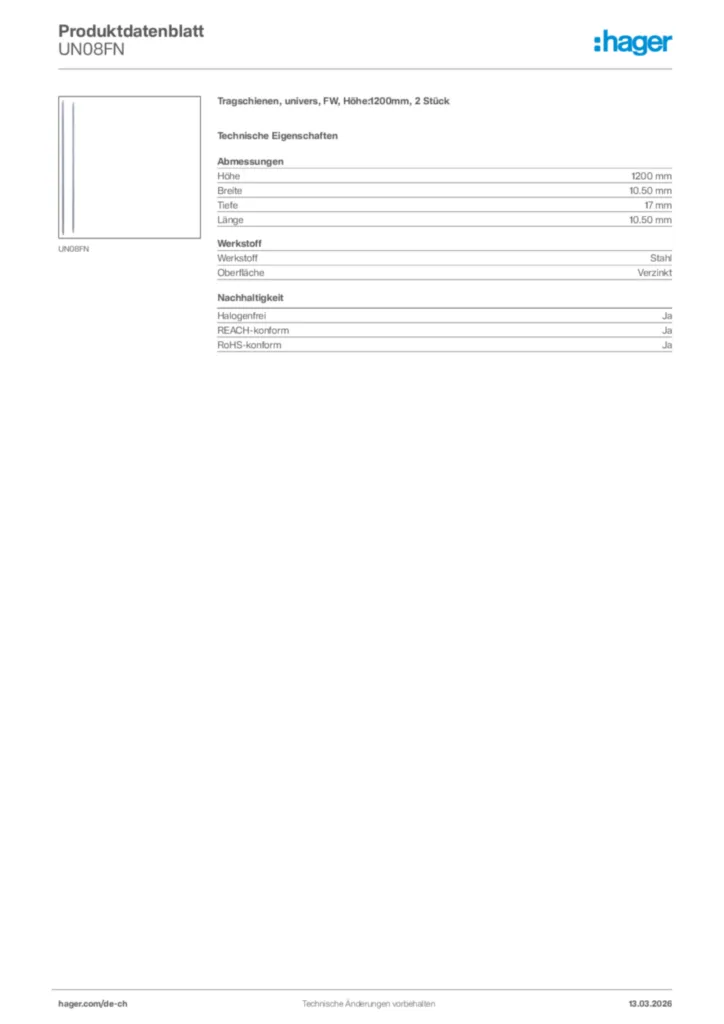 Bild Hager Produktdatenblatt UN08FN | Hager Schweiz