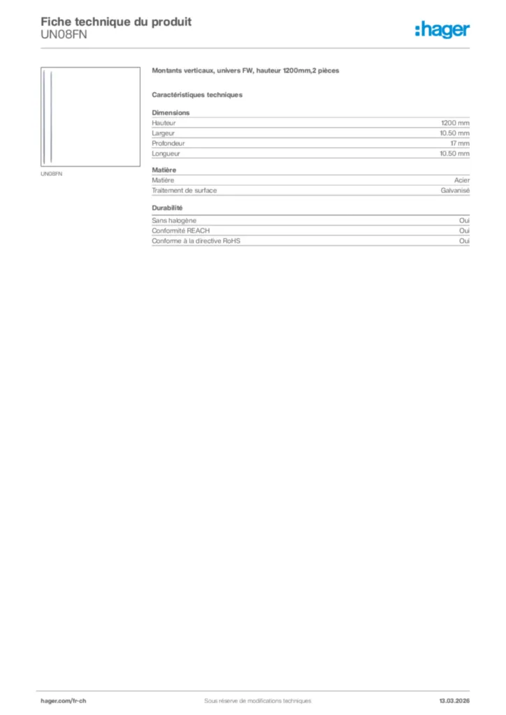 Image Hager Fiche technique du produit UN08FN | Hager Suisse