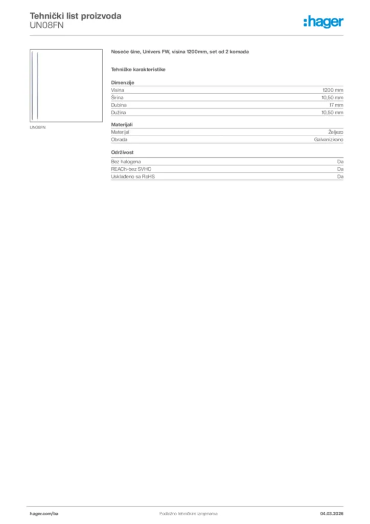 Slika Hager Tehnički list proizvoda UN08FN  | Hager