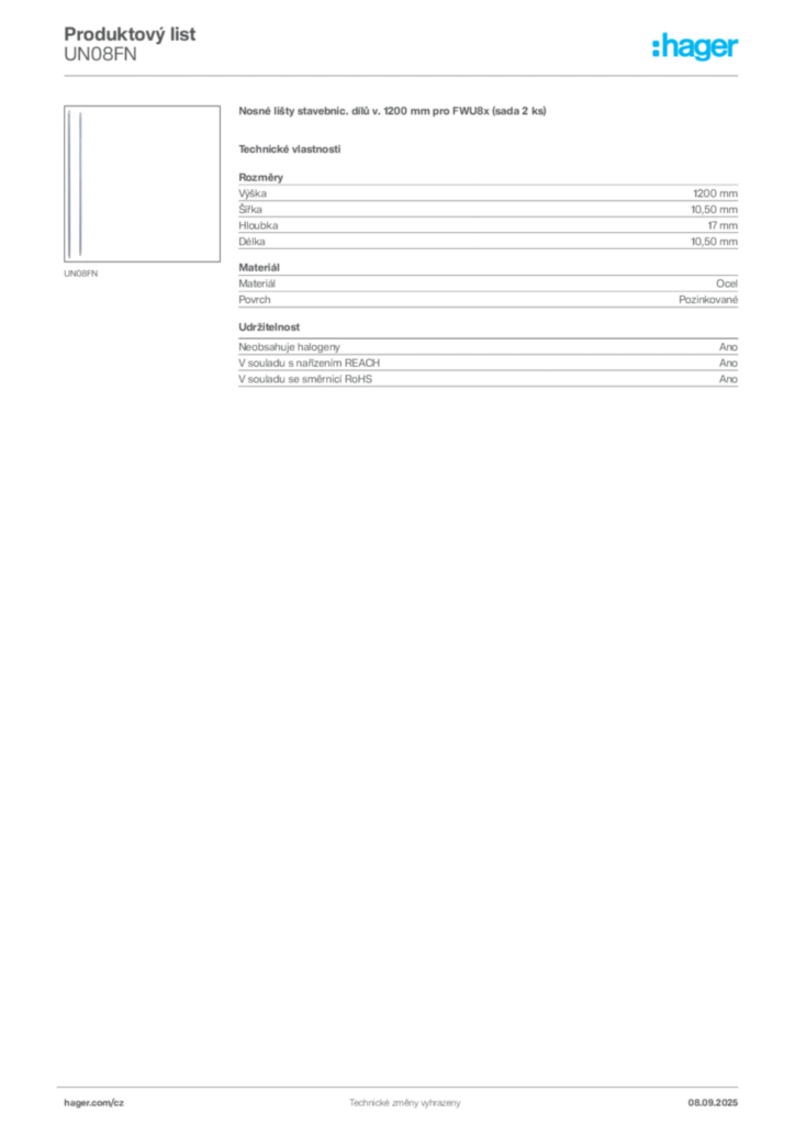 Obrázek Hager Produktový list UN08FN | Hager
