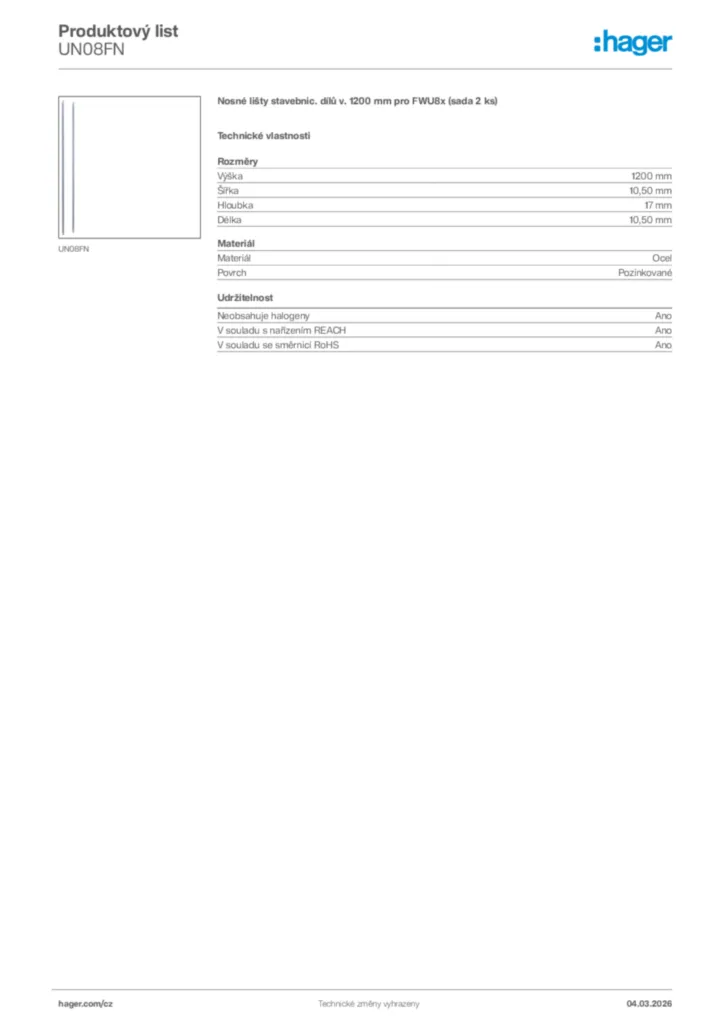 Obrázek Hager Product data sheet UN08FN | Hager