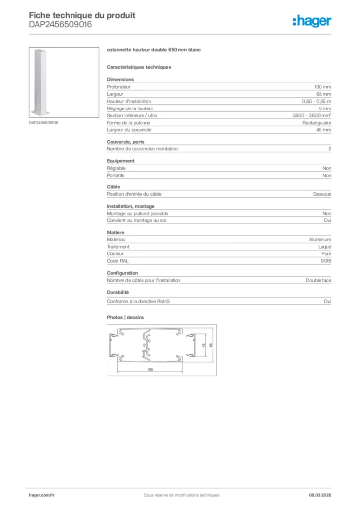 Image Hager Fiche technique du produit DAP2456509016 | Hager France
