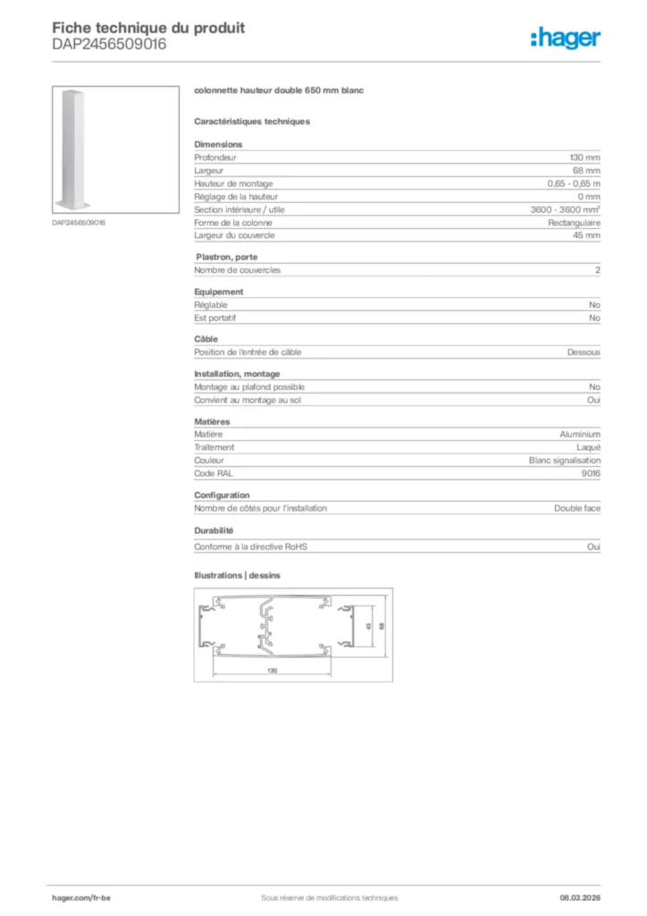 Image Hager Fiche technique du produit DAP2456509016 | Hager Belgique