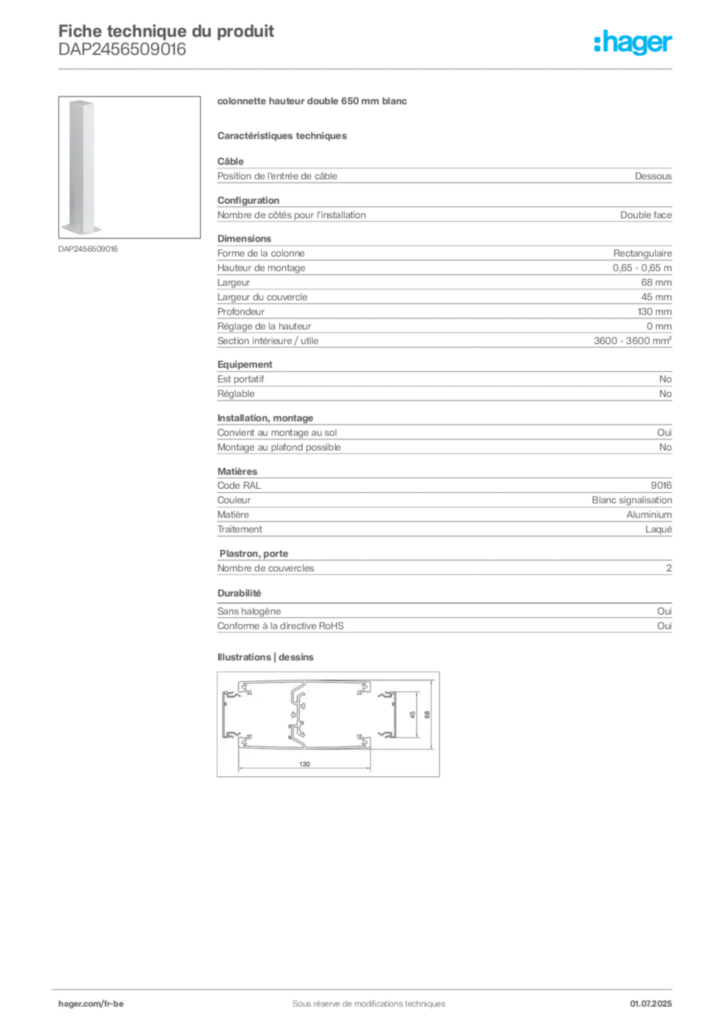 Image Hager Fiche technique du produit DAP2456509016 | Hager Belgique