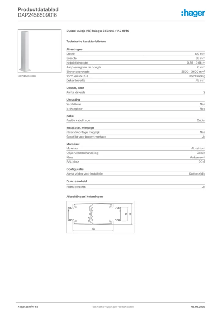 Afbeelding Hager Productdatablad DAP2456509016 | Hager Belgium