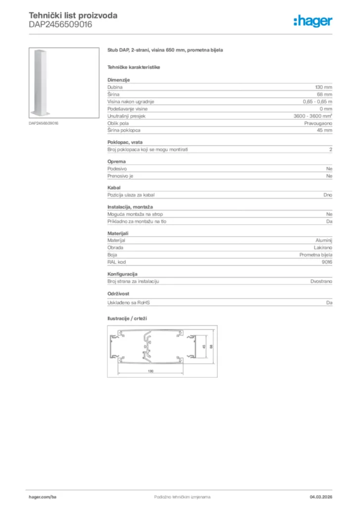 Slika Hager Tehnički list proizvoda DAP2456509016  | Hager