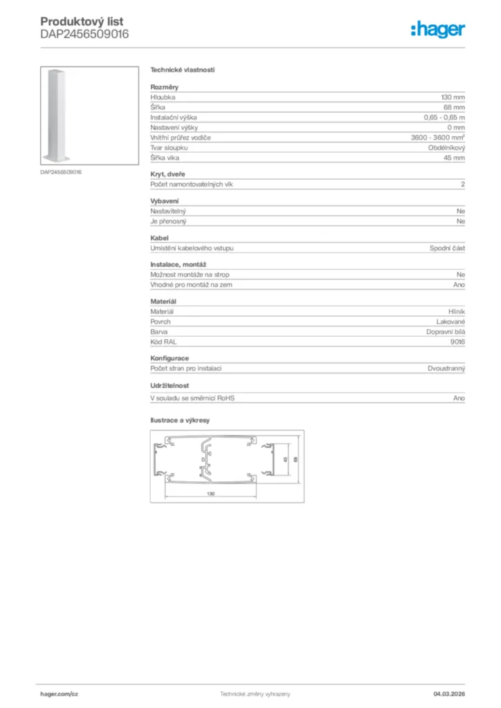 Obrázek Hager Product data sheet DAP2456509016 | Hager