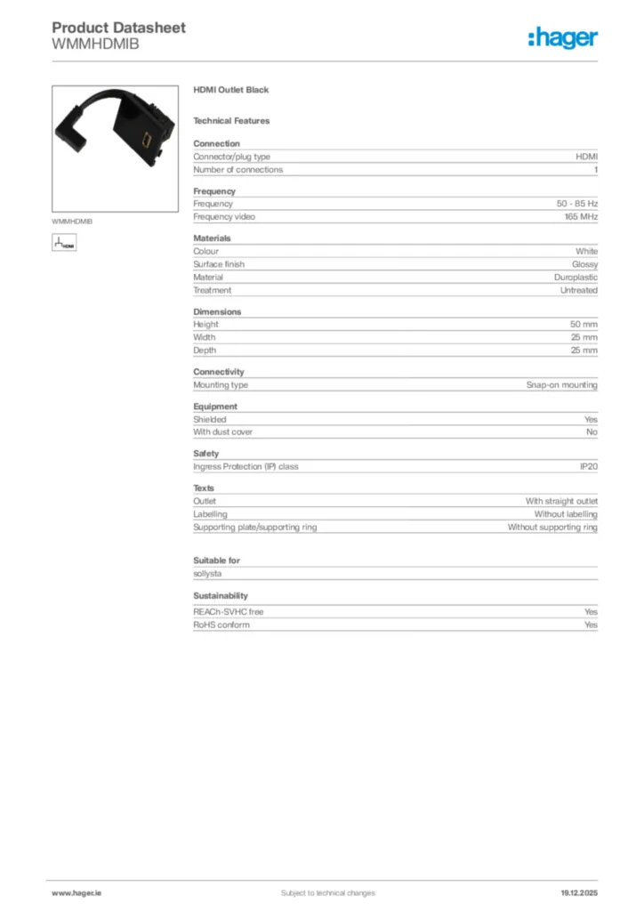 Image Hager Product data sheet WMMHDMIB  | Hager