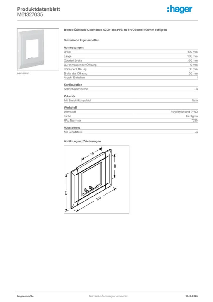 Bild Hager Produktdatenblatt M61327035 | Hager Deutschland