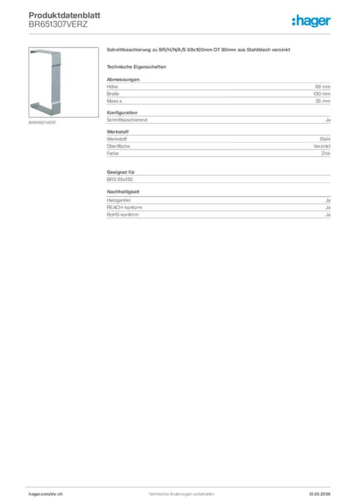 Bild Hager Produktdatenblatt BR651307VERZ | Hager Schweiz