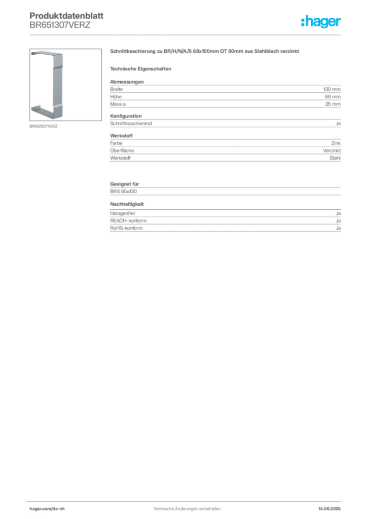 Bild Hager Produktdatenblatt BR651307VERZ | Hager Schweiz