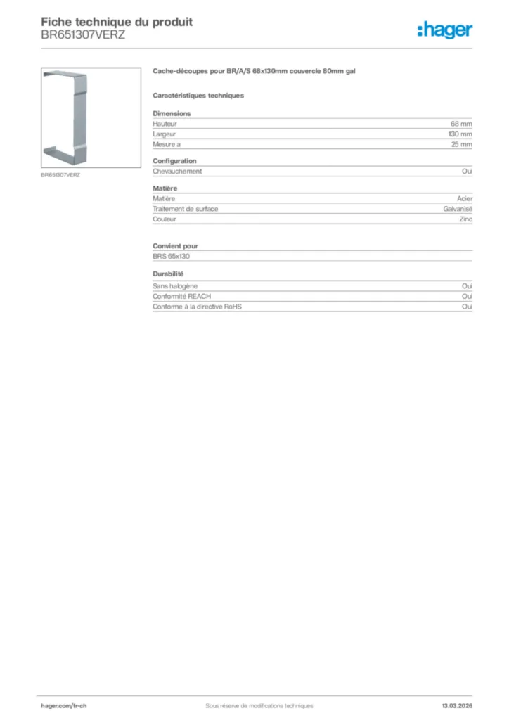 Image Hager Fiche technique du produit BR651307VERZ | Hager Suisse
