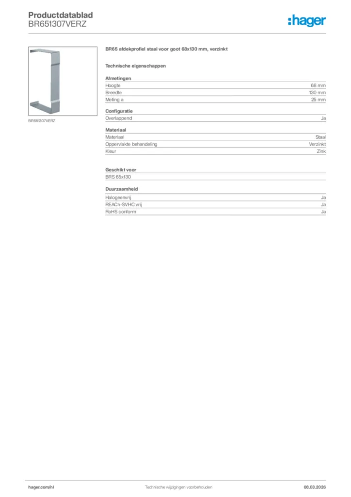 Afbeelding Hager Productdatablad BR651307VERZ | Hager Nederland