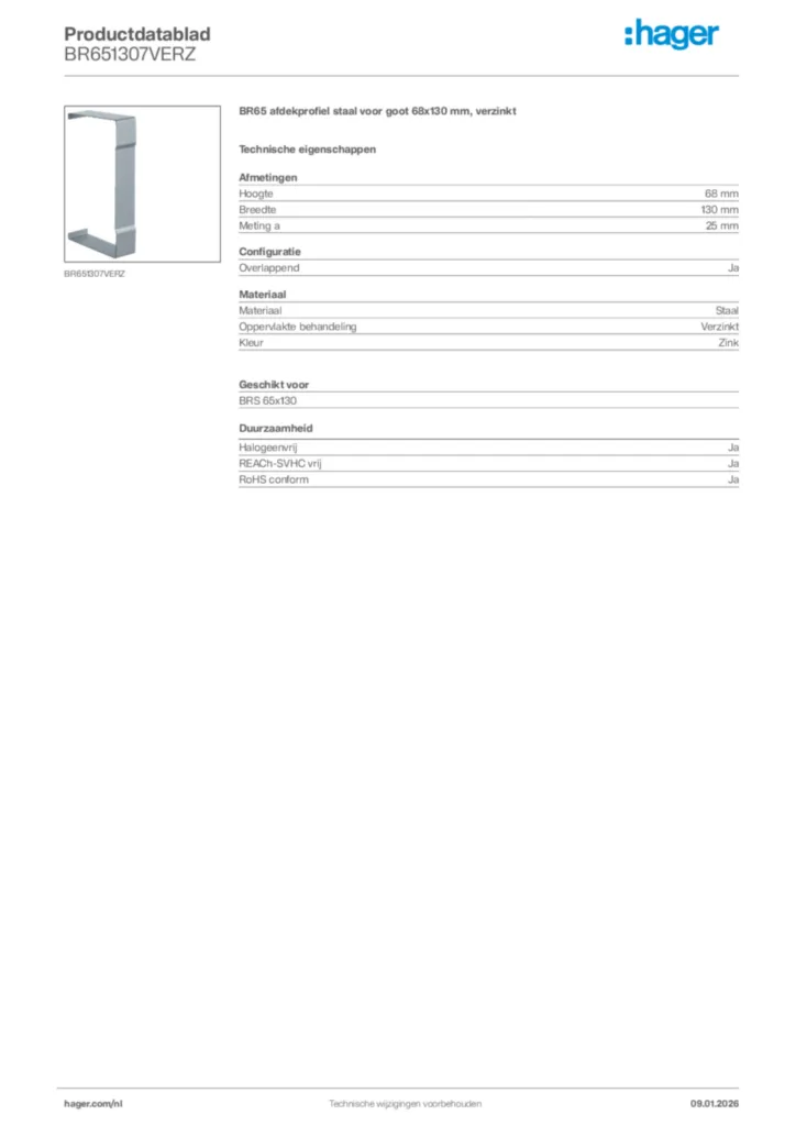 Afbeelding Hager Productdatablad BR651307VERZ | Hager Nederland