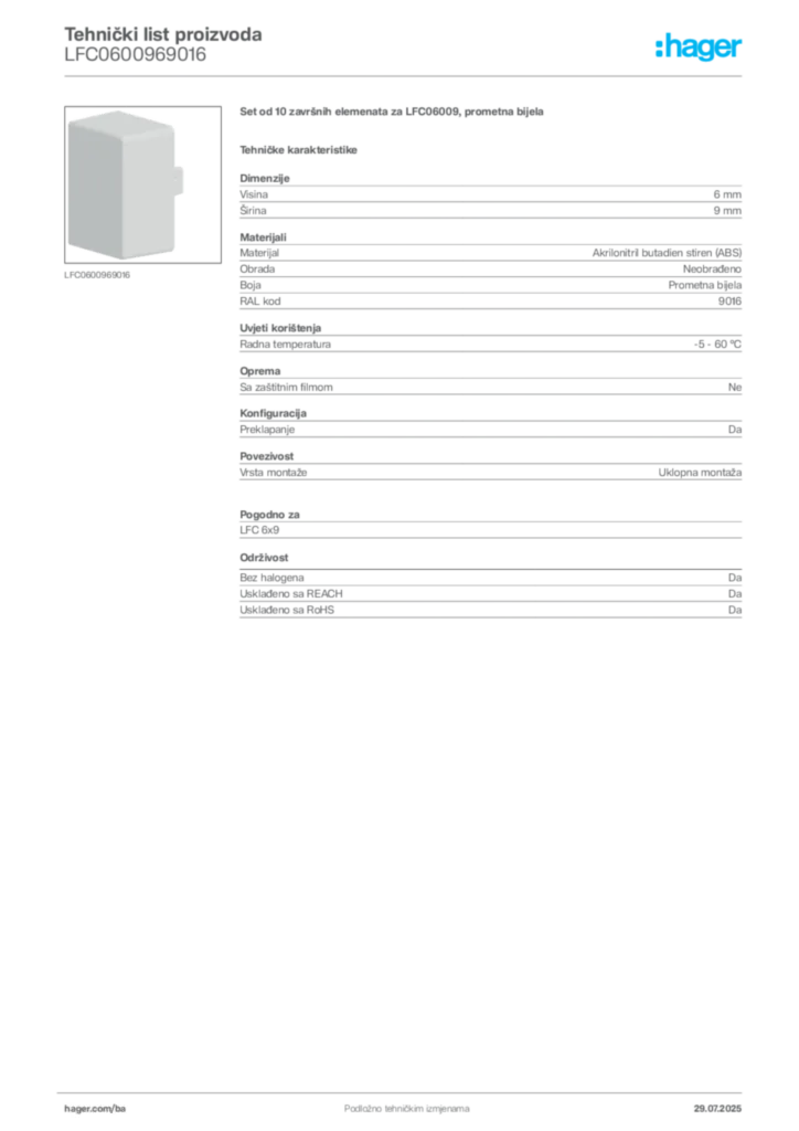 Slika Hager Product data sheet LFC0600969016  | Hager