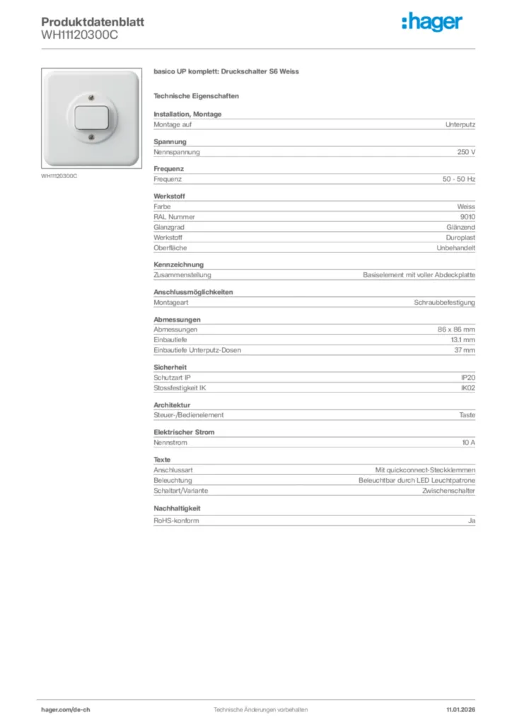 Bild Hager Produktdatenblatt WH11120300C | Hager Schweiz