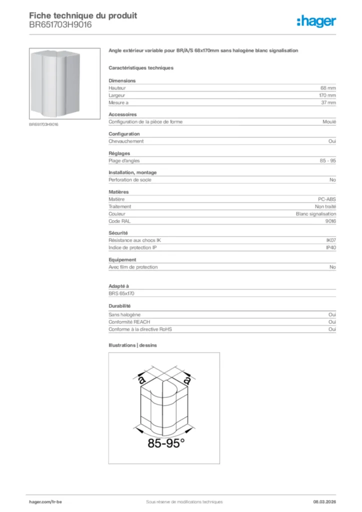 Image Hager Fiche technique du produit BR651703H9016 | Hager Belgique