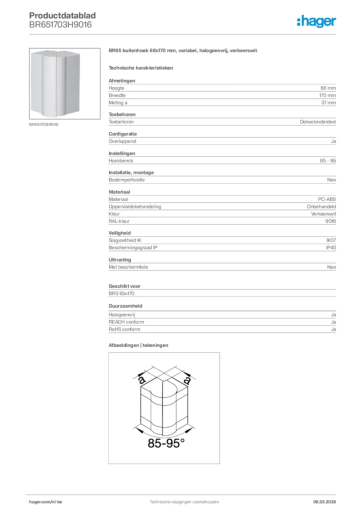 Afbeelding Hager Productdatablad BR651703H9016 | Hager Belgium