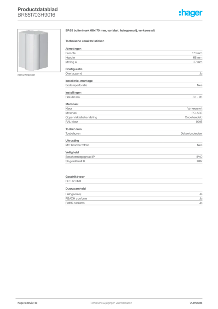 Afbeelding Hager Productdatablad BR651703H9016 | Hager Belgium