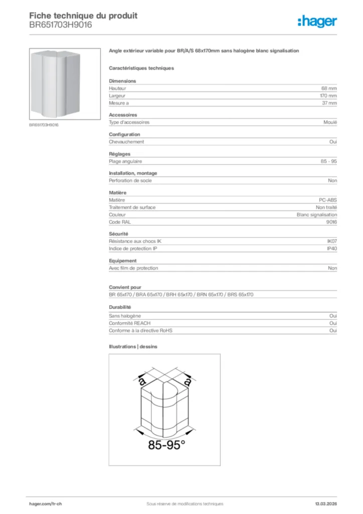 Image Hager Fiche technique du produit BR651703H9016 | Hager Suisse