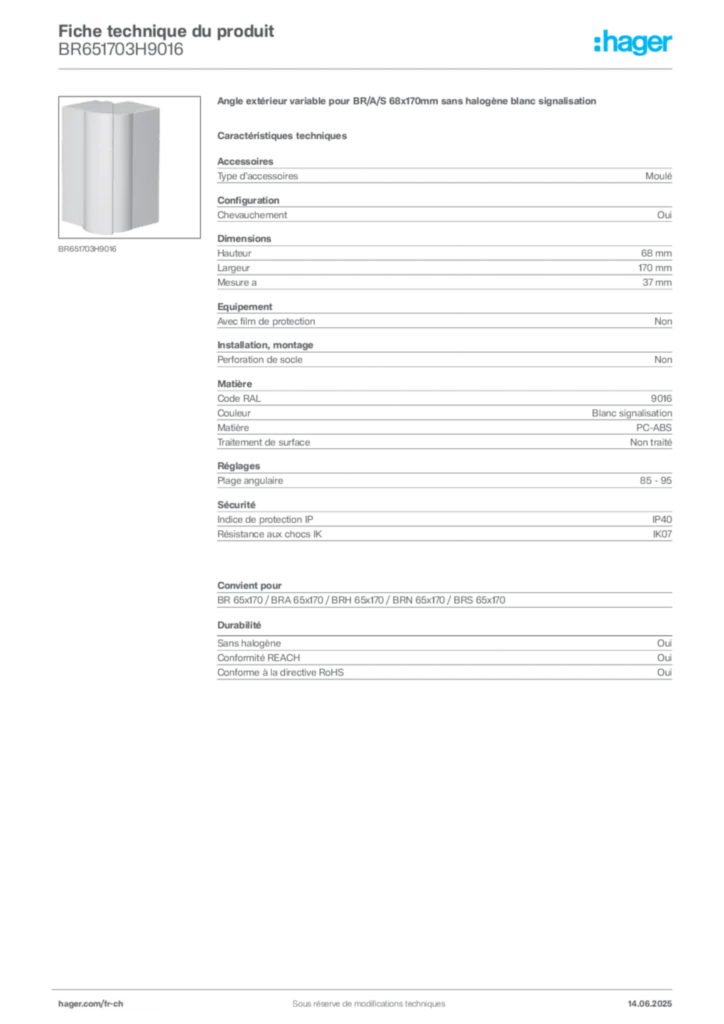 Image Hager Fiche technique du produit BR651703H9016 | Hager Suisse