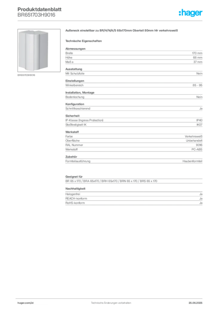 Bild Hager Produktdatenblatt BR651703H9016 | Hager Deutschland