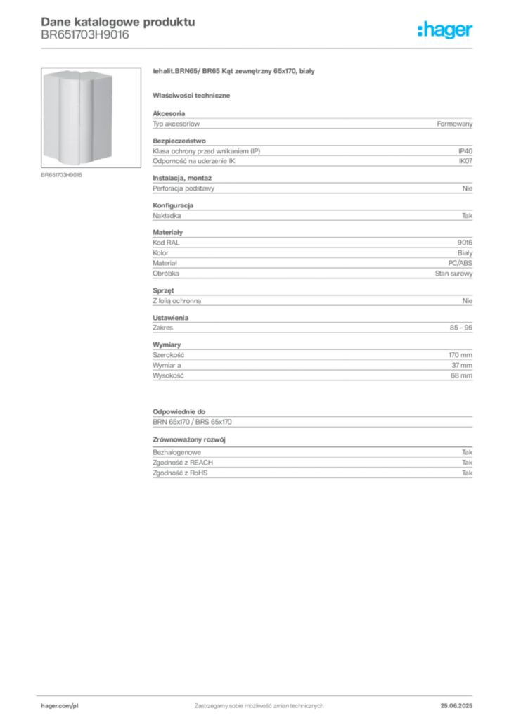 Zdjęcie Hager Karta katalogowa BR651703H9016 | Hager Polska