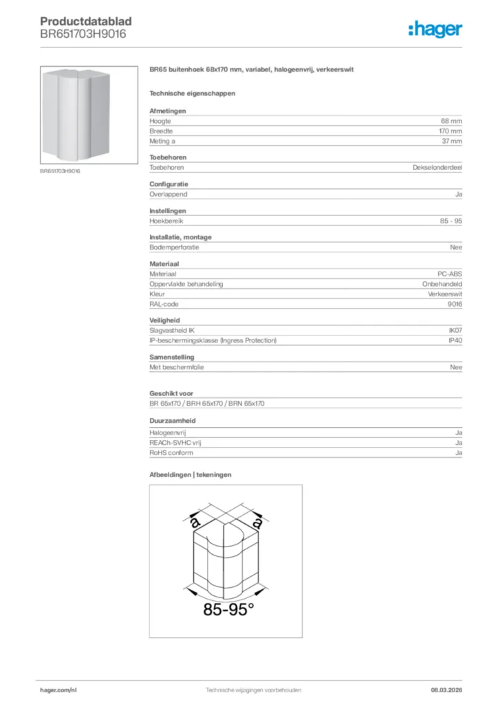 Afbeelding Hager Productdatablad BR651703H9016 | Hager Nederland