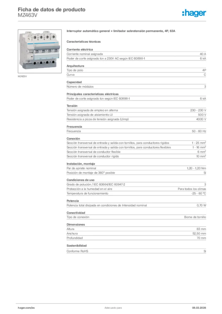 Imagen Hager Ficha de datos de producto MZ463V | Hager España