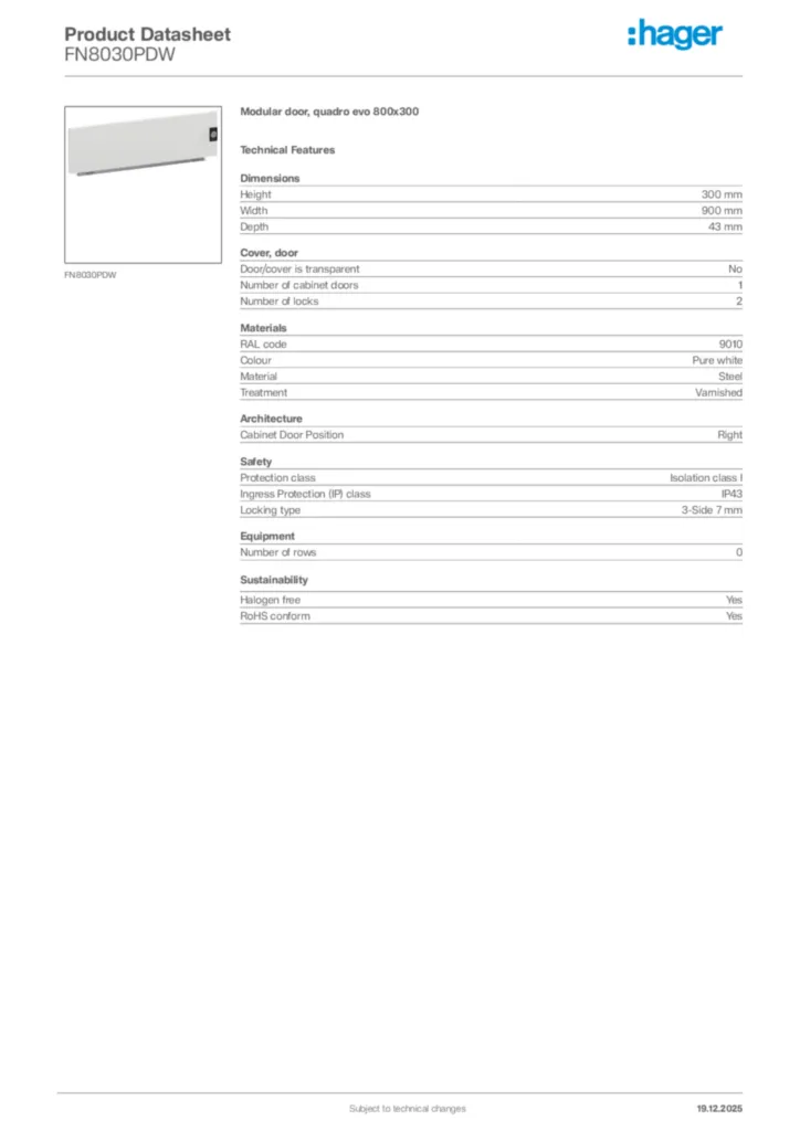 Image Hager Product data sheet FN8030PDW  | Hager Africa