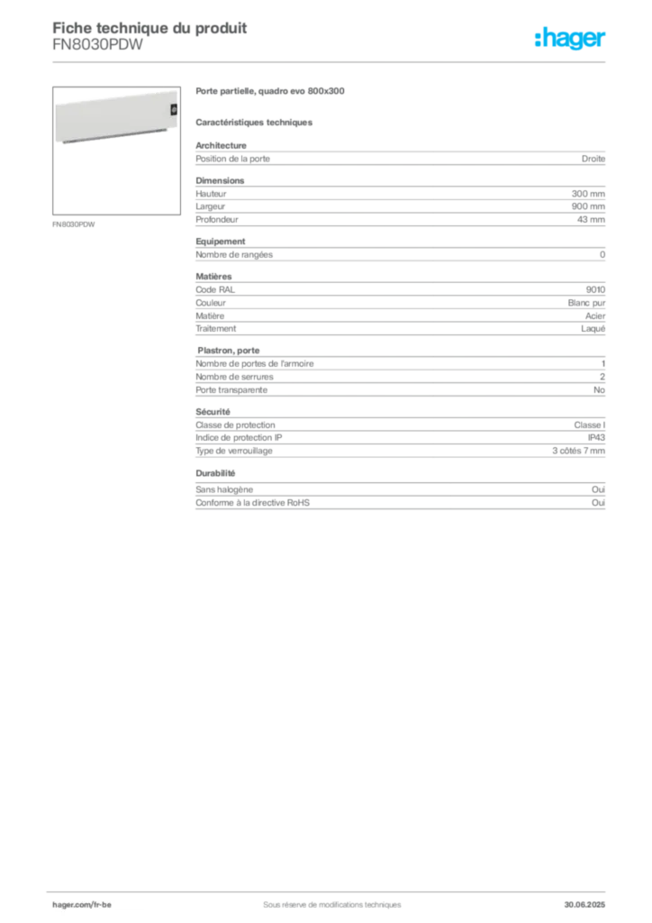 Image Hager Fiche technique du produit FN8030PDW | Hager Belgique