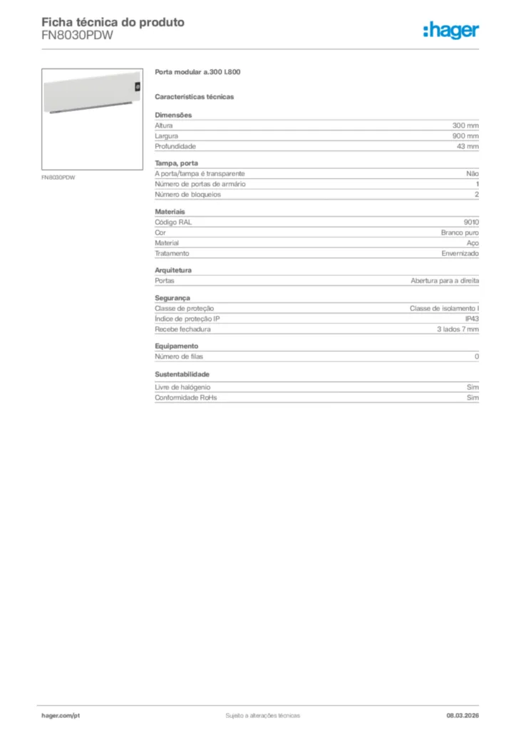 Imagem Hager Ficha técnica do produto FN8030PDW | Hager Portugal
